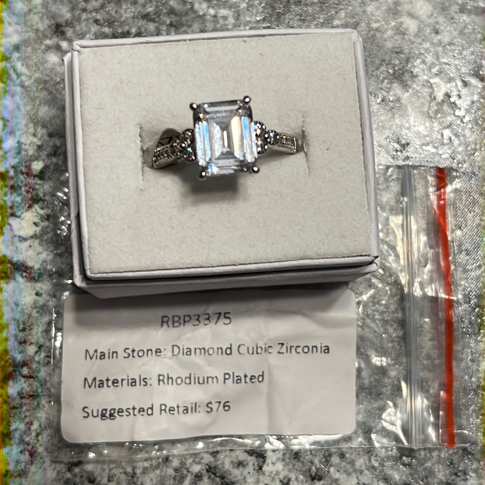 RBP3375 April Birthstone- Diamond Cubic Zirconia Rhodium Plated size 8